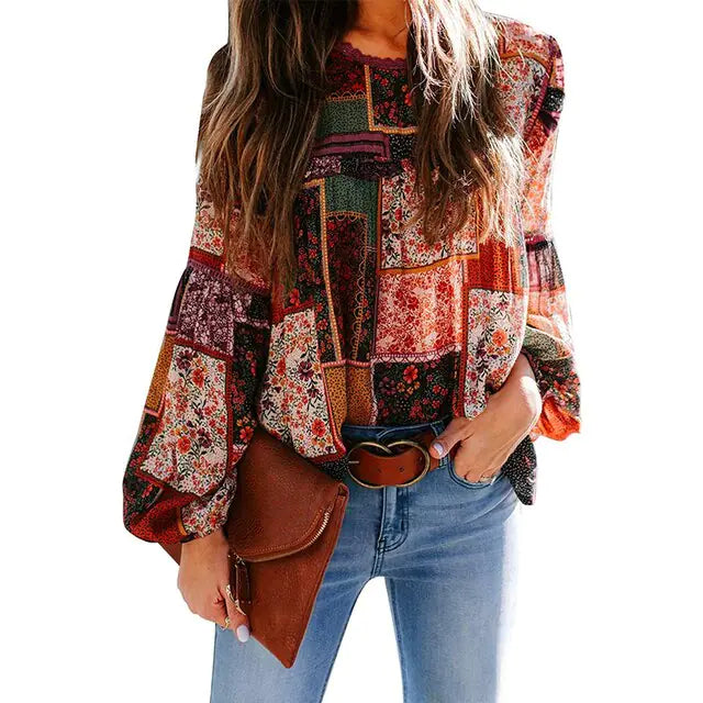 Bohemian Print Loose Sleeve Blouse