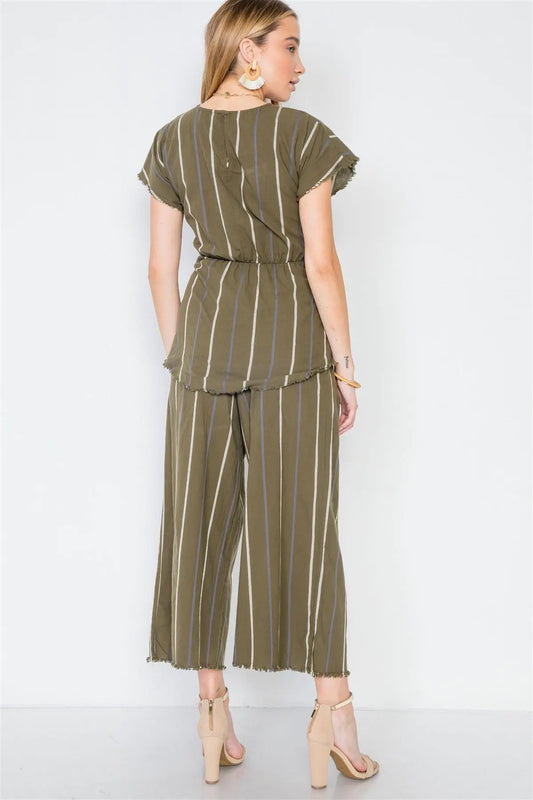 Olive Stripe Two Piece Top Wide Leg Pant Set /3-2-1