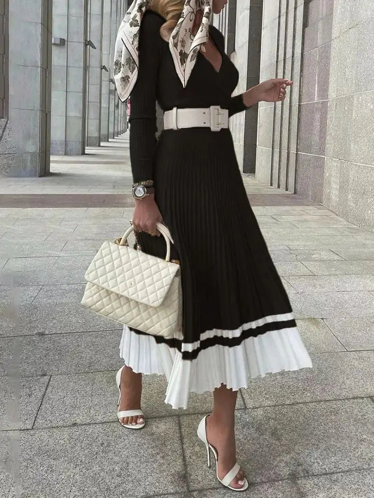 Elegant Knitted Patchwork Sweater Dress