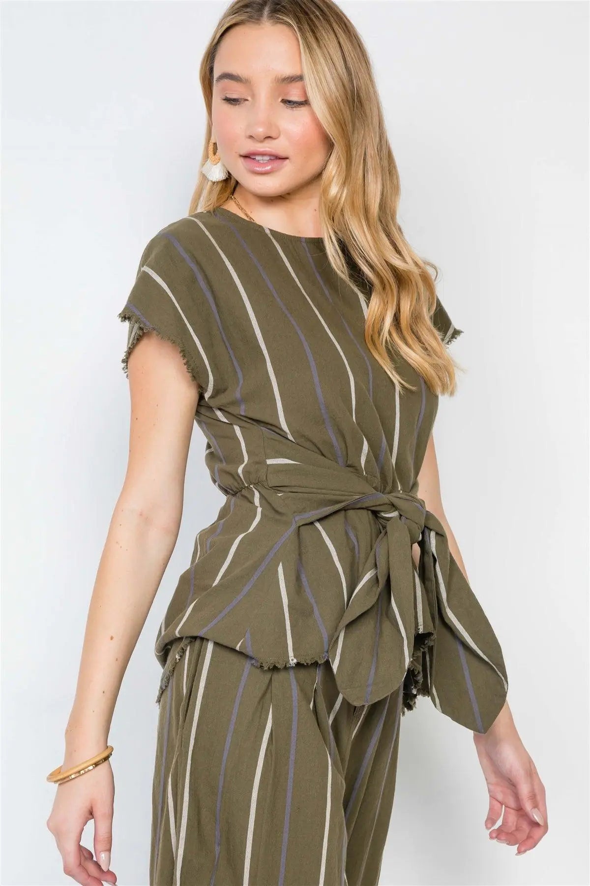 Olive Stripe Two Piece Top Wide Leg Pant Set /3-2-1