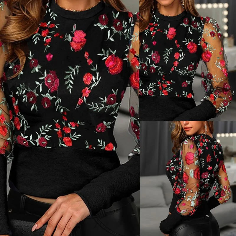 Women Patchwork Mesh Embroidered Floral Long Sleeve Blouse Tops Ladies Slim Crew Neck Pullover Shirt Summer Spring Blusas