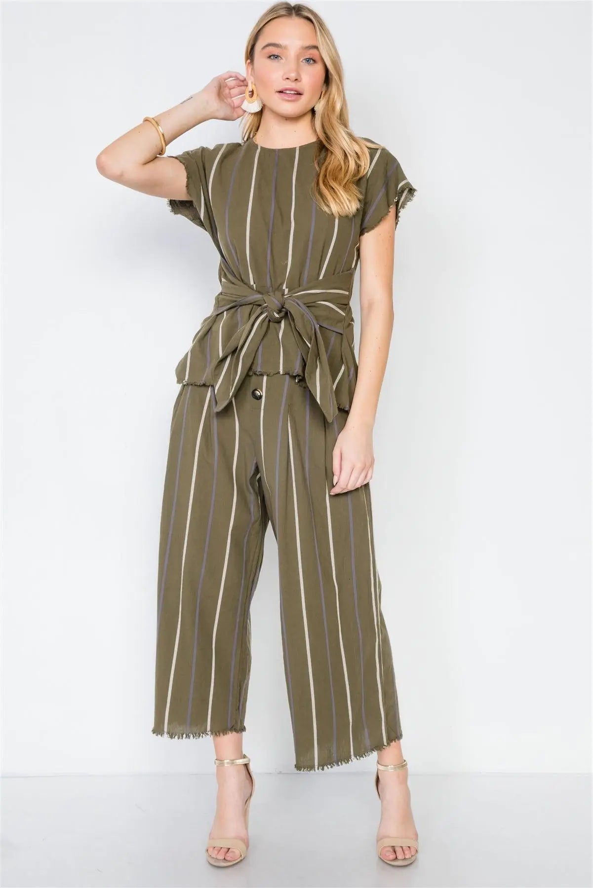 Olive Stripe Two Piece Top Wide Leg Pant Set /3-2-1